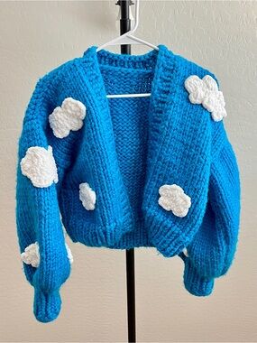 Myracle Handmade Chunky Blue Knit Cloud 3D Cropped Cardigan Sweater